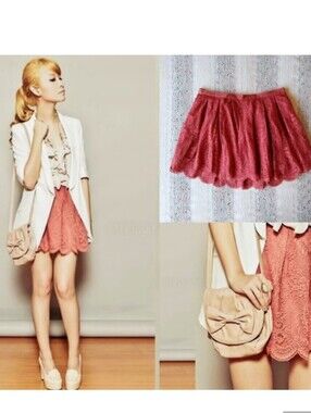 MANGO Scalloped Lace Mini Skirt Coral S EUC